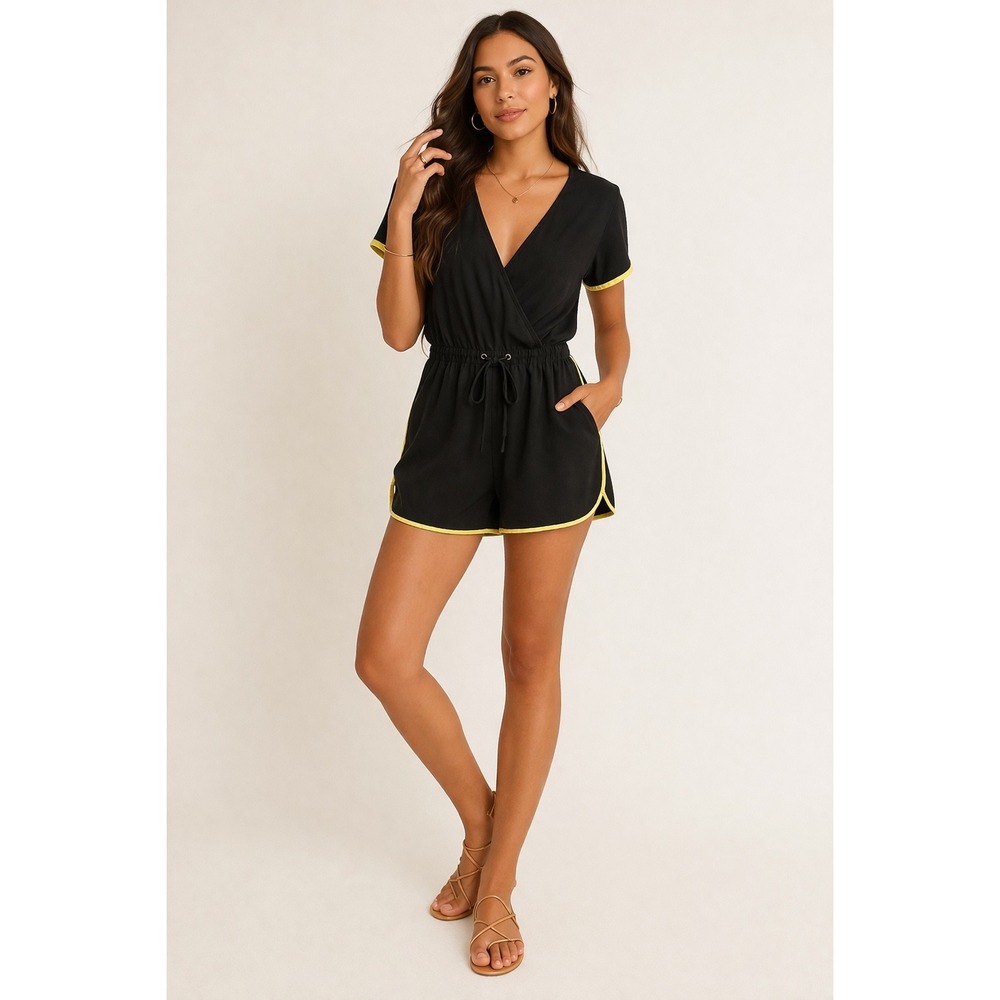 Artezi Black Silk Blend Wrap Front Romper with Lime Green Trim Size Small Summer